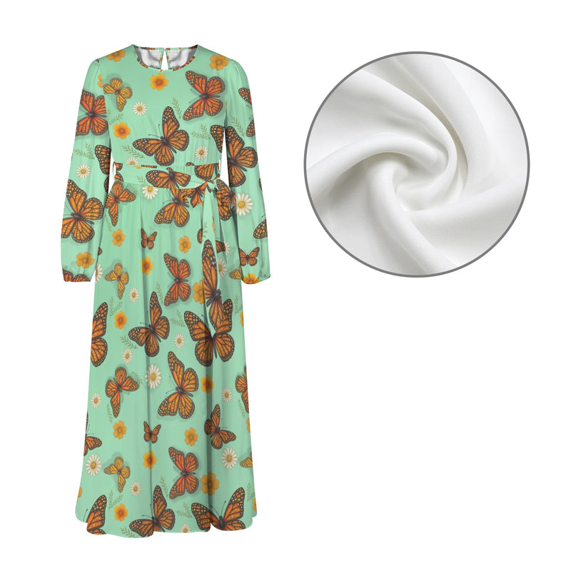 Butterfly Round Neck Long Sleeve Belted Maxi Dress