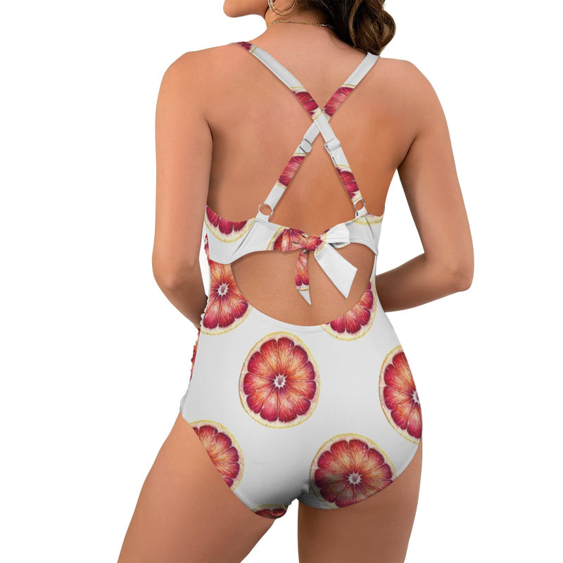 grapefruit wheel print 2A Women's Twist Front Tie Back Swimsuit (Model S57)
