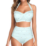 heart on stripes print light blue Women's Halter Neck Gather Chest Bikini Swimsuit (Model S53)