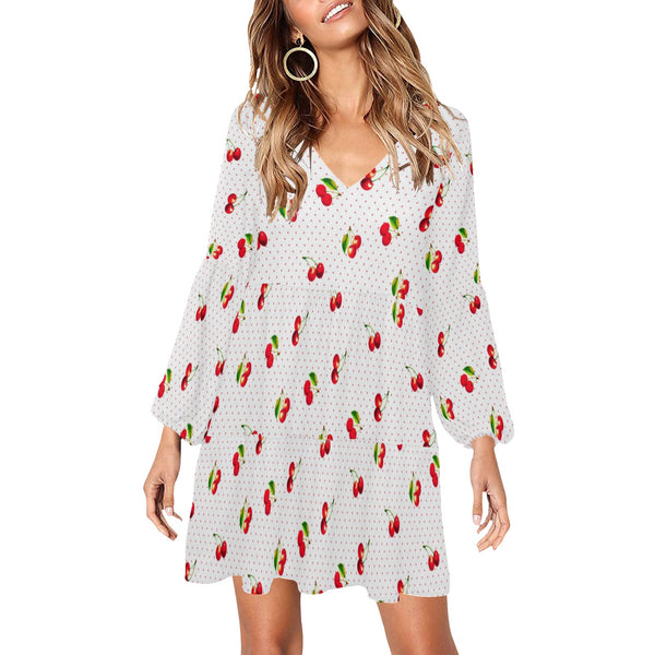 cherry print 4B V-Neck Loose Fit Dress (Model D62)