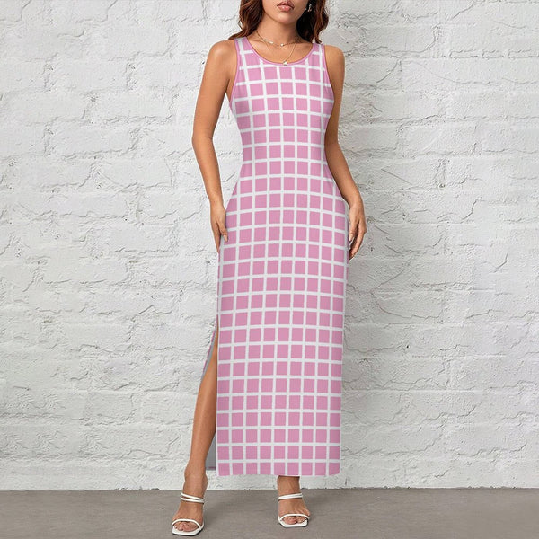 Window Pane Split cheongsam Sleeveless Bodycon Side Slit Long Dress