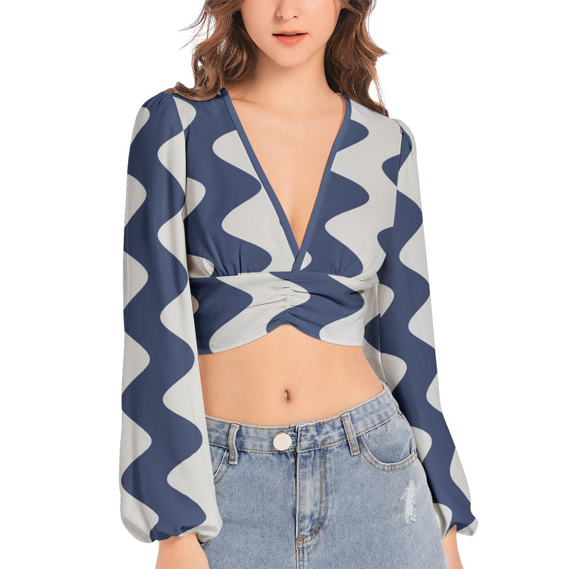 Women's Deep V-Neck Lantern Sleeve Crop Top