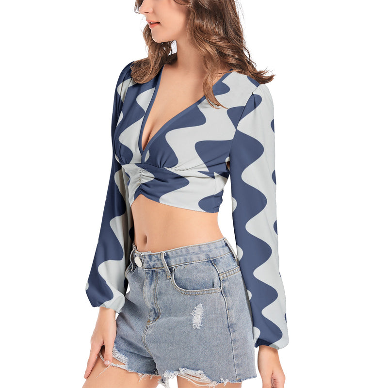 Women's Deep V-Neck Lantern Sleeve Crop Top