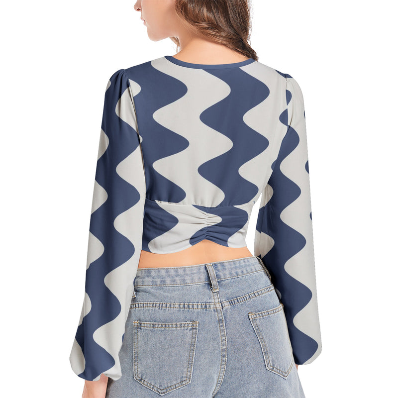 Women's Deep V-Neck Lantern Sleeve Crop Top
