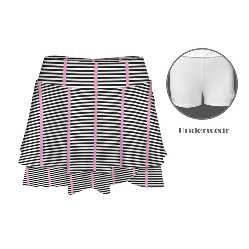 striped pink and black print High Waist Layered Ruffle Pockets Sports Skirt