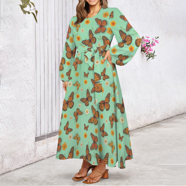 Butterfly Round Neck Long Sleeve Belted Maxi Dress
