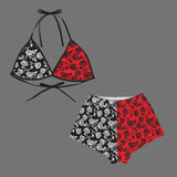 rose black and white print 2A Women's Flannel Bikini Top & Shorts Pajamas