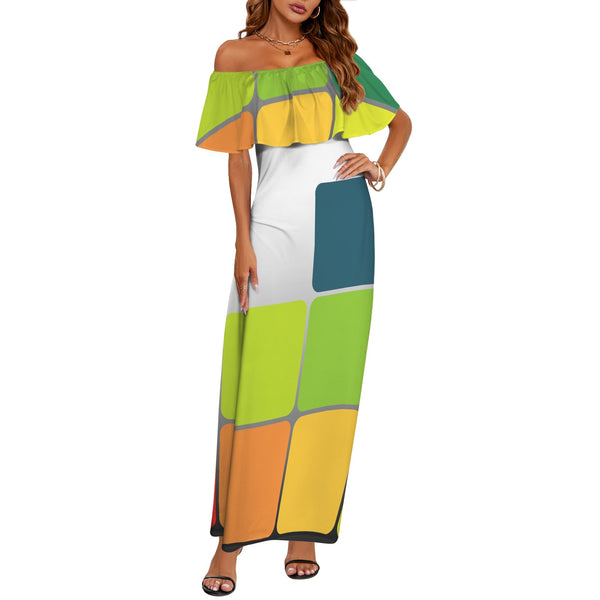 colored print matrix Women's Off Shoulder Ruffle Boat Neck Dress (Model D71)