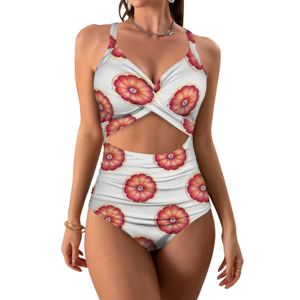 grapefruit wheel print 2A Women's Twist Front Tie Back Swimsuit (Model S57)