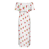 cherry print 4B Women's Off Shoulder Ruffle Boat Neck Dress (Model D71)