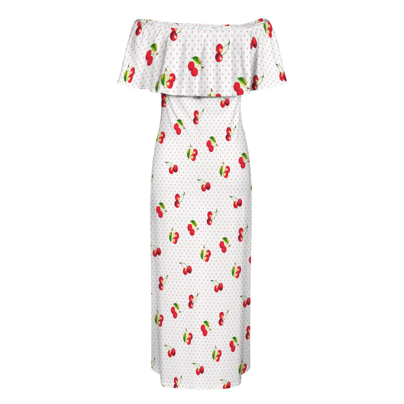 cherry print 4B Women's Off Shoulder Ruffle Boat Neck Dress (Model D71)