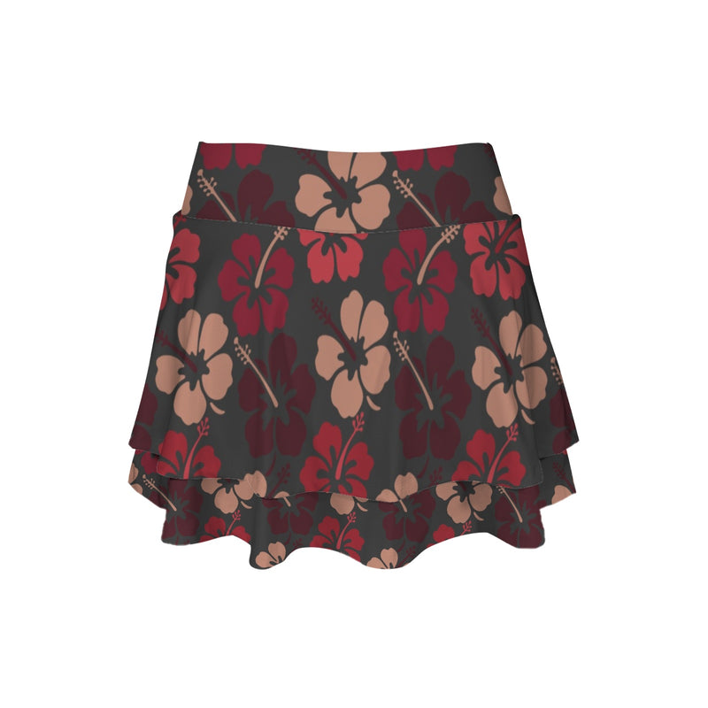 shades of red dress print High Waist Layered Ruffle Pockets Sports Skirt