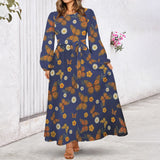 Butterfly Round Neck Long Sleeve Belted Maxi Dress