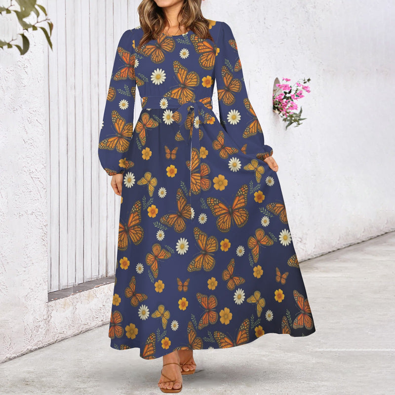 Butterfly Round Neck Long Sleeve Belted Maxi Dress