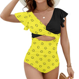 black solid print skirt Women's Twist Front Ruffle Sleeve Swimsuit (Model S55)