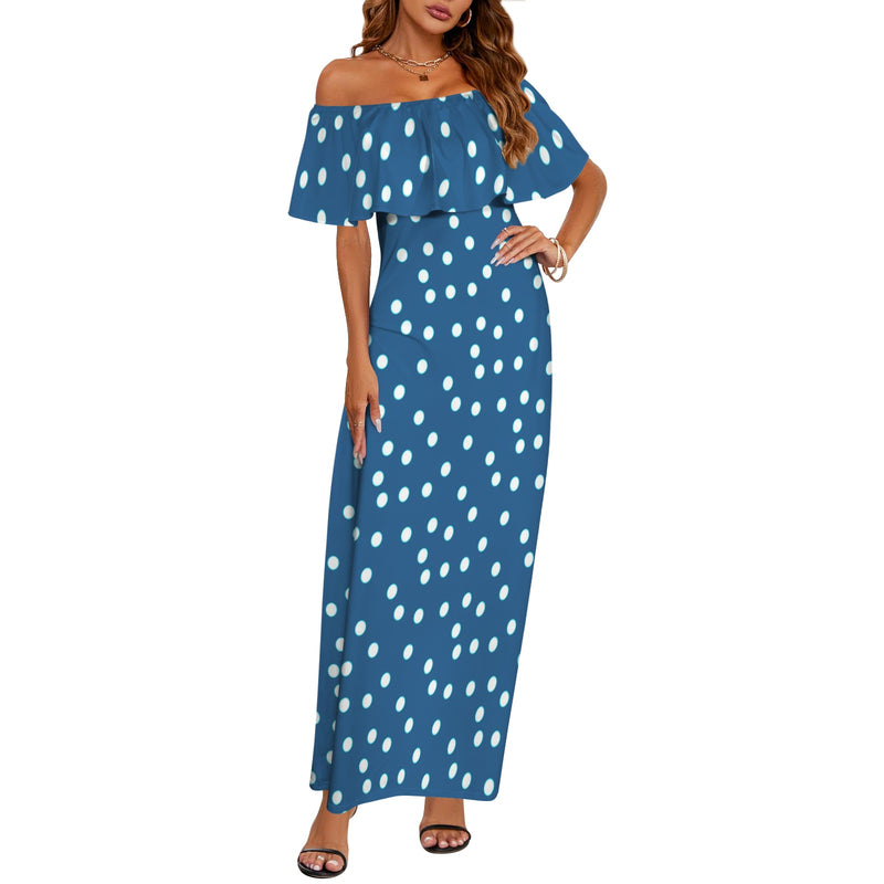 blue white accent polka dot Women's Off Shoulder Ruffle Boat Neck Dress (Model D71) | Objet D'Art blue white accent polka dot Women's Off Shoulder Ruffle Boat Neck Dress (Model D71) | Objet D'Art