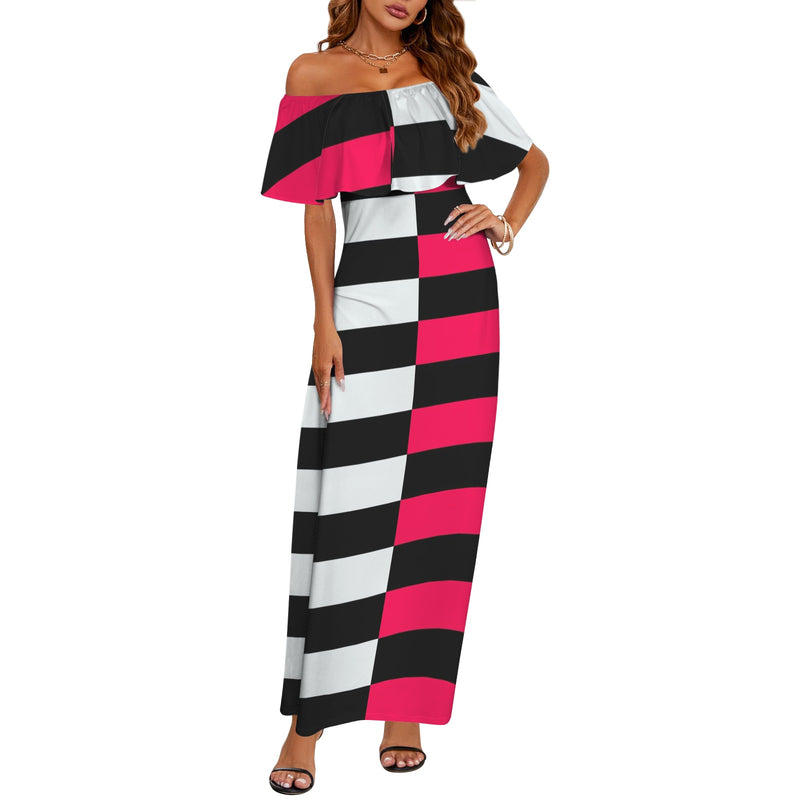 fuchsia striped two tone print 7A Women's Off Shoulder Ruffle Boat Neck Dress (Model D71)