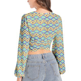 Women's Deep V-Neck Lantern Sleeve Crop Top