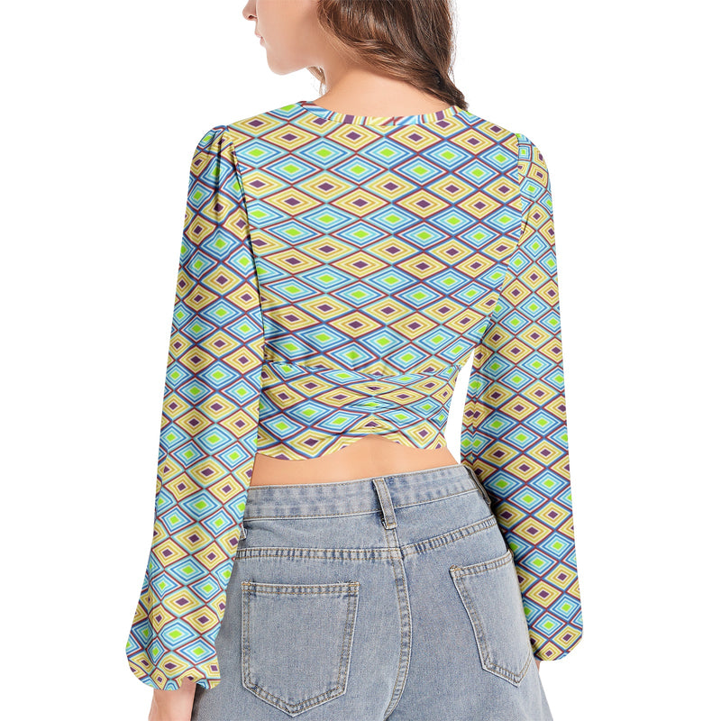 Women's Deep V-Neck Lantern Sleeve Crop Top