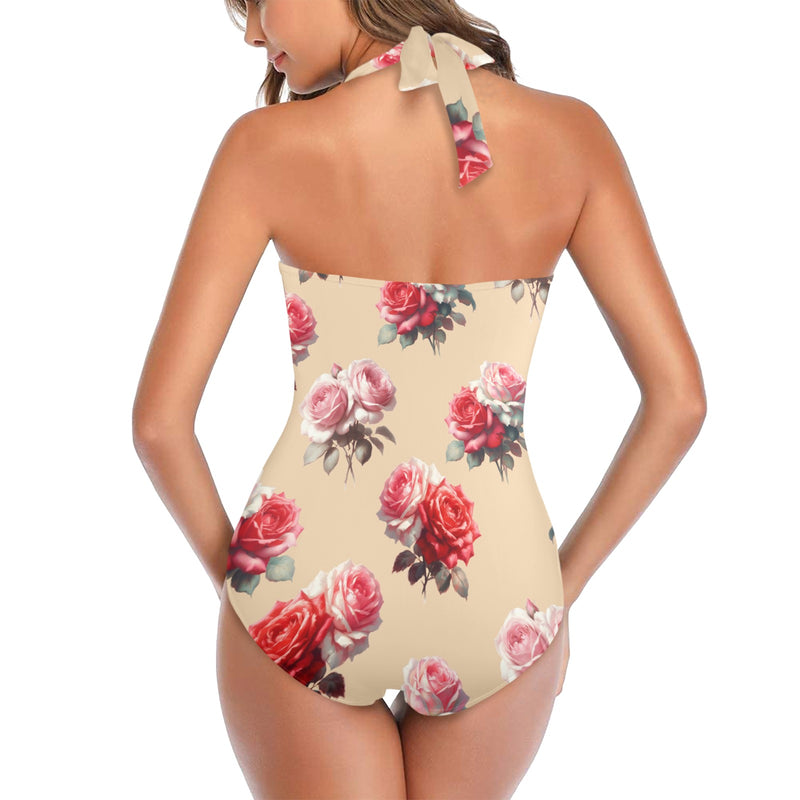 big rose print pink and red Women's Halter Neck Gather Chest Swimsuit (Model S52)