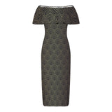 gold shell purse print Women's Off Shoulder Ruffle Boat Neck Dress (Model D71)