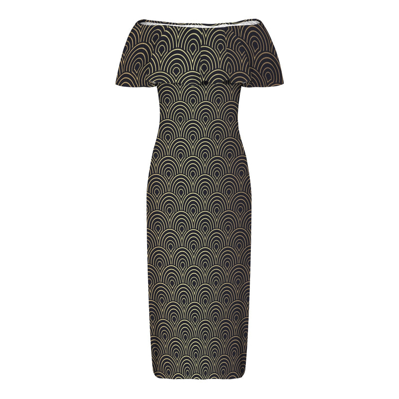 gold shell purse print Women's Off Shoulder Ruffle Boat Neck Dress (Model D71)