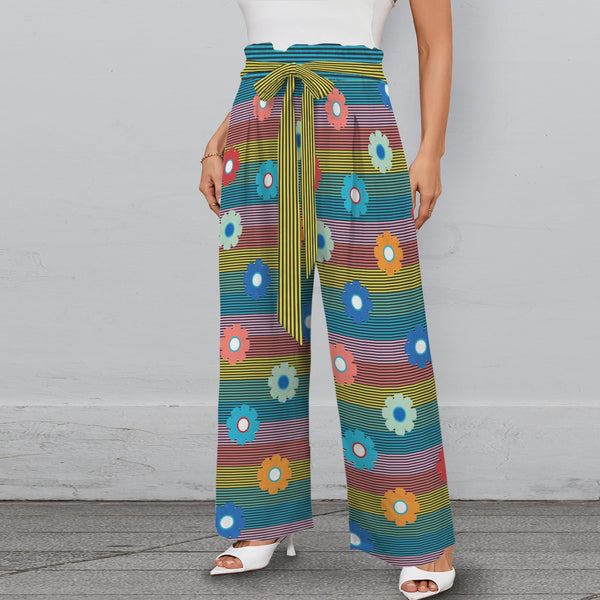 striped print 2B Strappy Elastic Waist Wide Leg Pants with Pockets