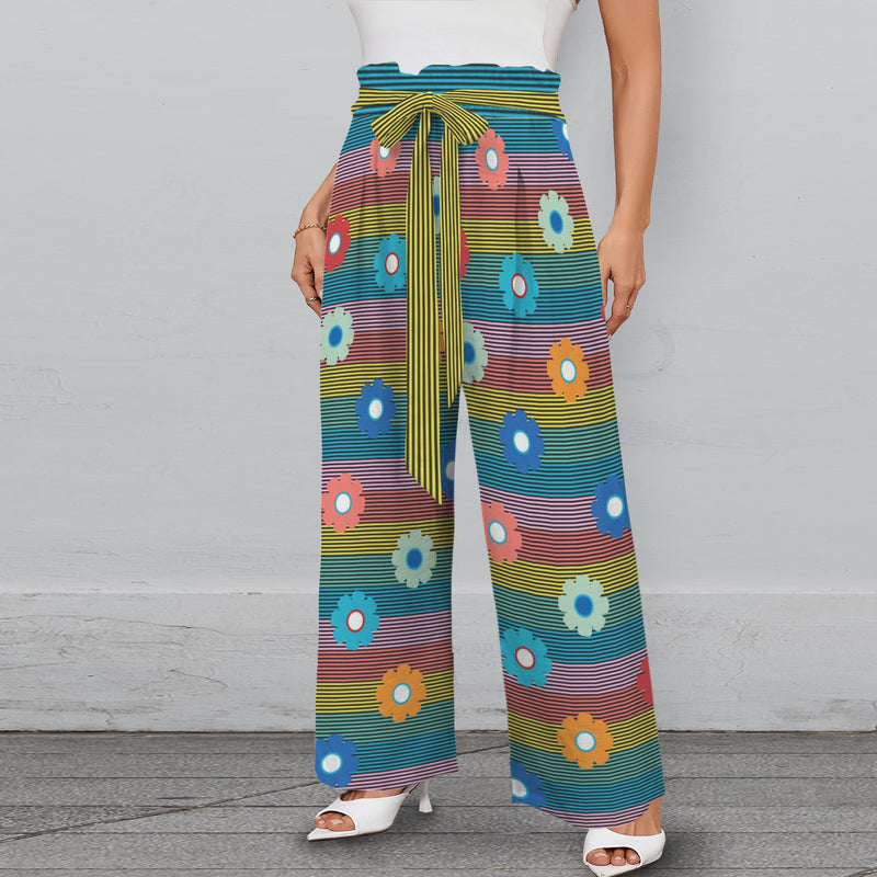 striped print 2B Strappy Elastic Waist Wide Leg Pants with Pockets