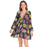 Lantern Sleeve Deep V-Neck Short Dress