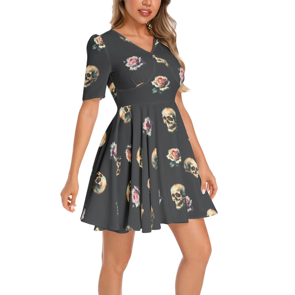 Short Sleeve Ruched Bust Flared Hem Dress