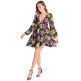 Lantern Sleeve Deep V-Neck Short Dress