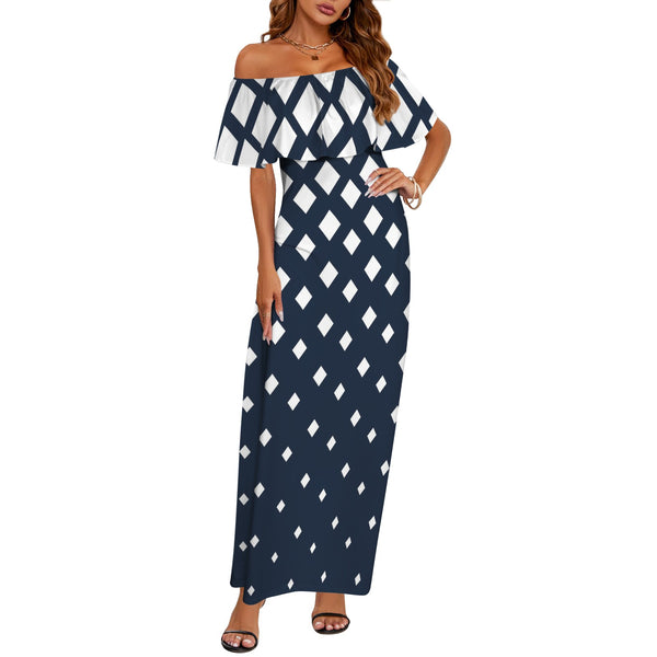 falling squares print 4 Women's Off Shoulder Ruffle Boat Neck Dress (Model D71)