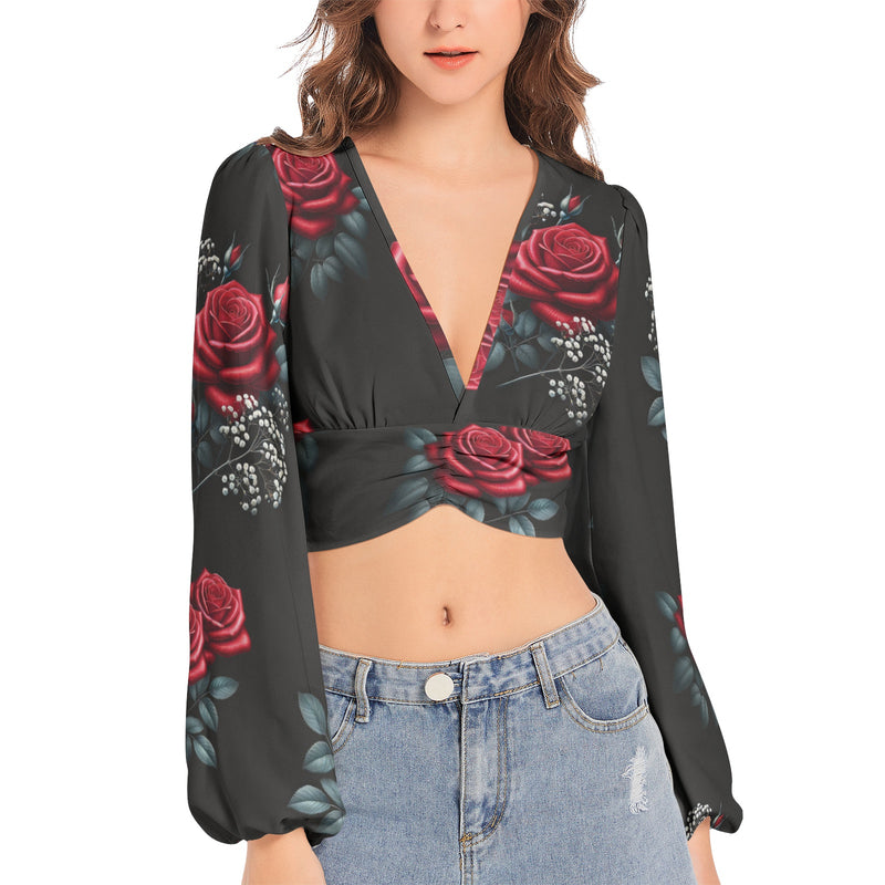 Women's Deep V-Neck Lantern Sleeve Crop Top