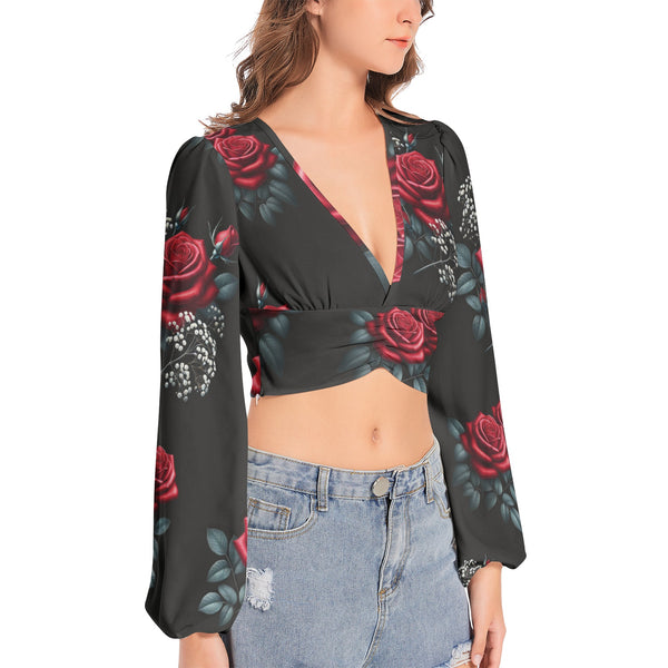 Women's Deep V-Neck Lantern Sleeve Crop Top