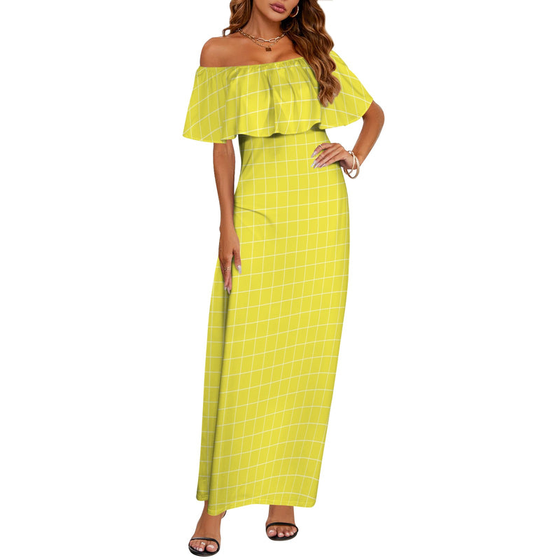 yellow matrix print Women's Off Shoulder Ruffle Boat Neck Dress (Model D71)