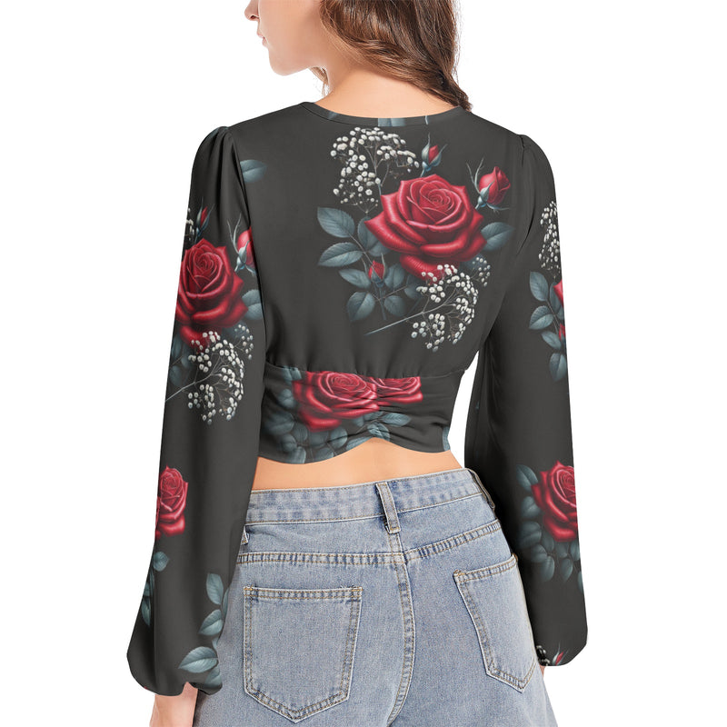 Women's Deep V-Neck Lantern Sleeve Crop Top