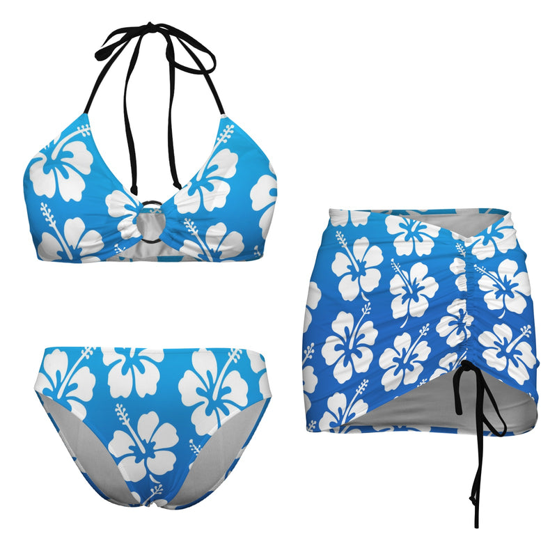 hibiscus gradient print 4A Drawstring Halterneck Three-Piece Swimsuit Skirt