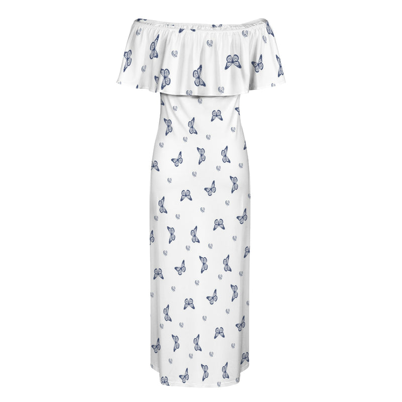 delft blue monarch butterfly print Women's Off Shoulder Ruffle Boat Neck Dress (Model D71)