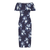 iris print dk print Women's Off Shoulder Ruffle Boat Neck Dress (Model D71)