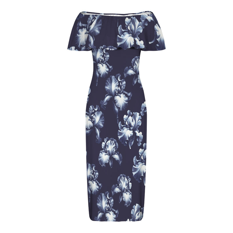 iris print dk print Women's Off Shoulder Ruffle Boat Neck Dress (Model D71)