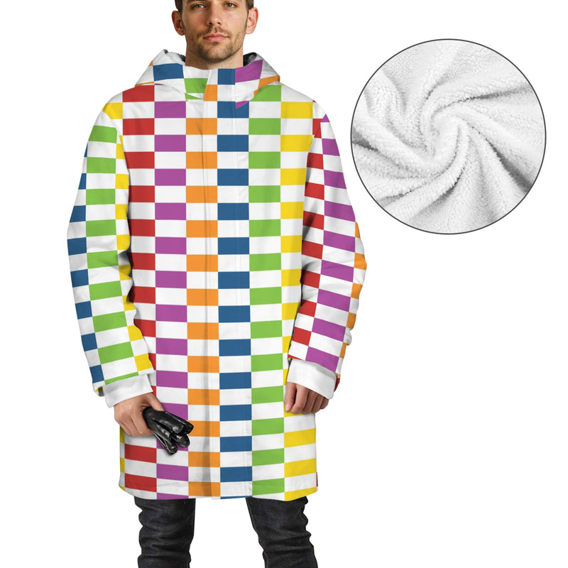 rectangle matrix print Men's Mid-Length Hooded Coat (Model H69)