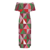 patchwork print xmas 4 Women's Off Shoulder Ruffle Boat Neck Dress (Model D71)