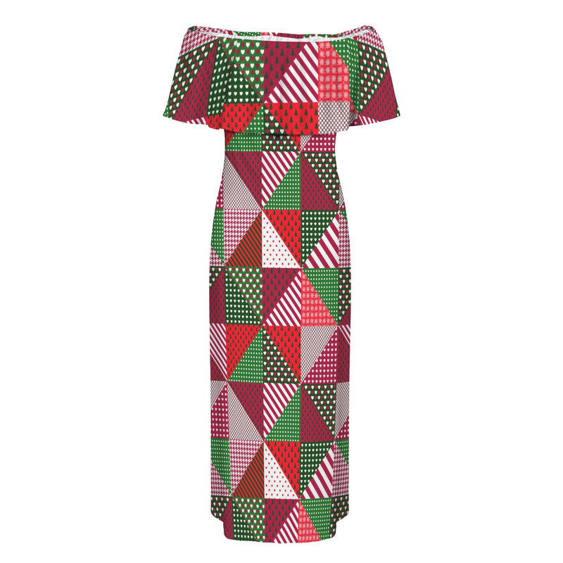 patchwork print xmas 4 Women's Off Shoulder Ruffle Boat Neck Dress (Model D71)