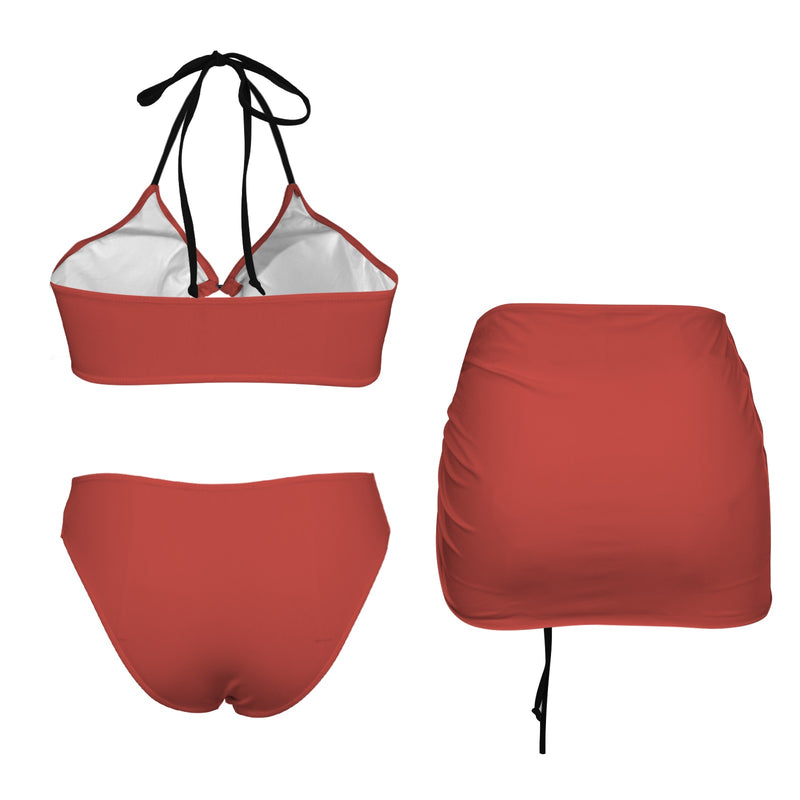 apple solid print Drawstring Halterneck Three-Piece Swimsuit Skirt
