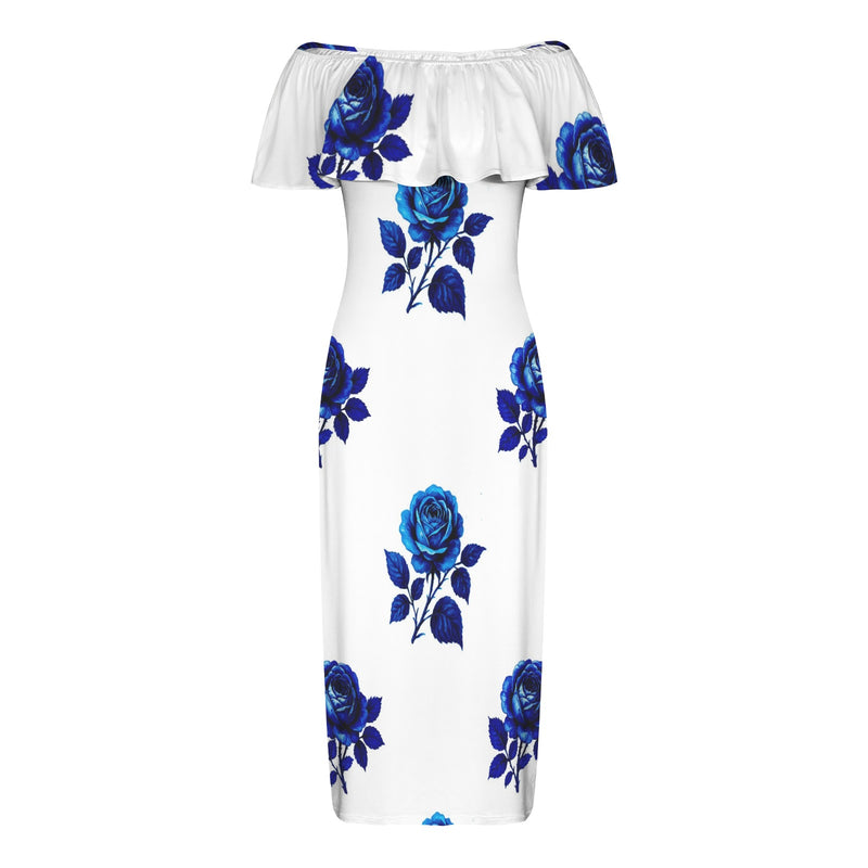 delft blue old fashion rose Women's Off Shoulder Ruffle Boat Neck Dress (Model D71) S delft blue old fashion rose Women's Off Shoulder Ruffle Boat Neck Dress (Model D71) S