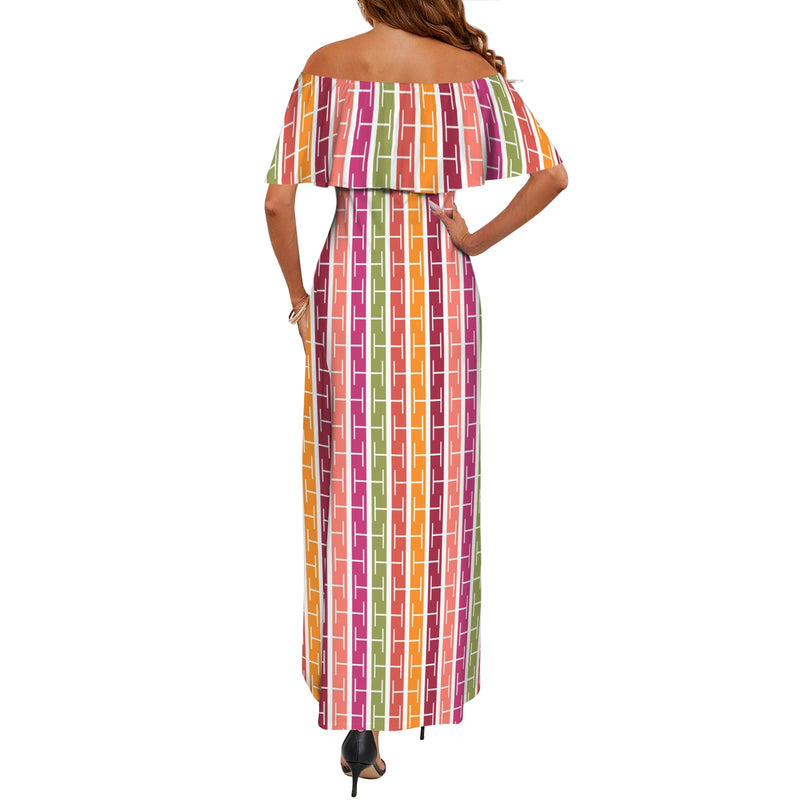 lifesaver colored print Women's Off Shoulder Ruffle Boat Neck Dress (Model D71)