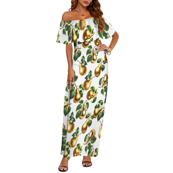 golden pear print 2 Women's Off Shoulder Ruffle Boat Neck Dress (Model D71)