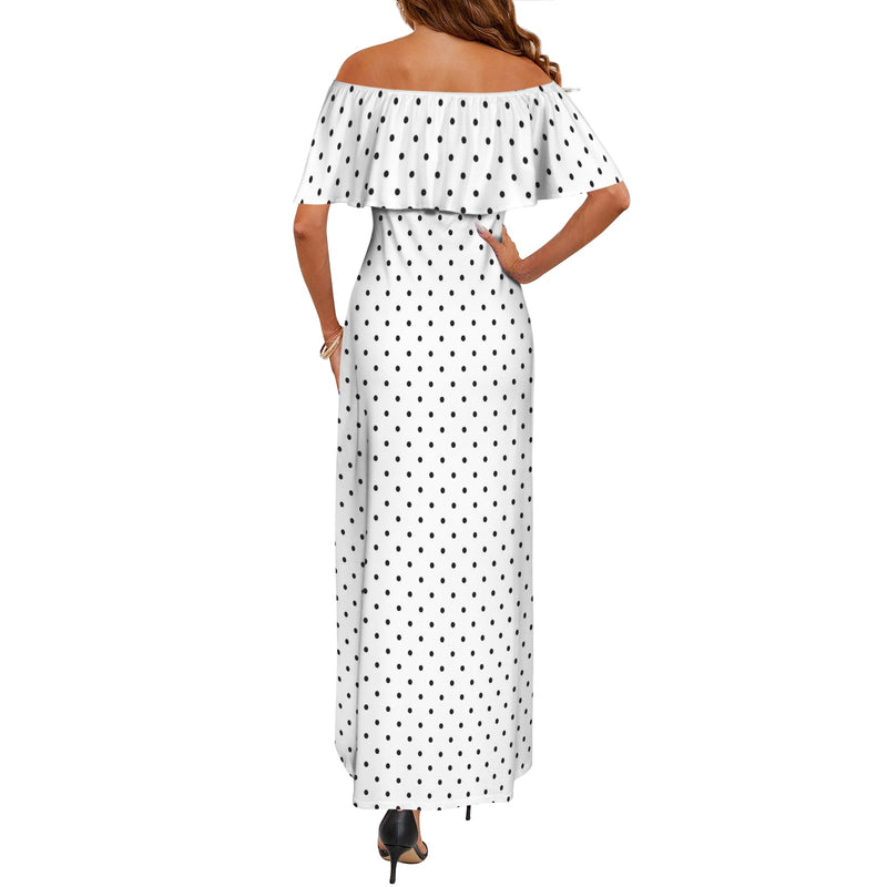 blk wht polka dot print small print Women's Off Shoulder Ruffle Boat Neck Dress (Model D71)