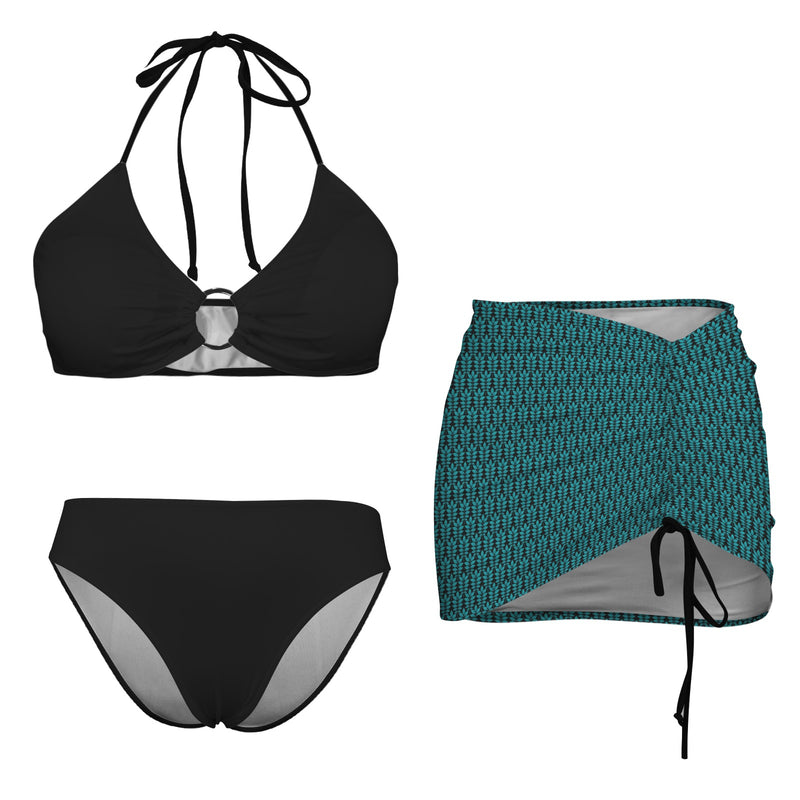 teal compound leaves print 2A Drawstring Halterneck Three-Piece Swimsuit Skirt