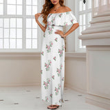 pink rose polka dot print 5 Women's Off Shoulder Ruffle Boat Neck Dress (Model D71)